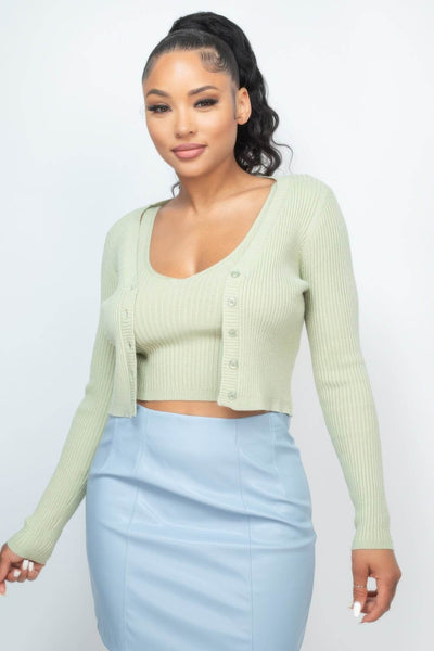 Crop Tank Top & Cardigan Sweater Set - Ebony's Shopping