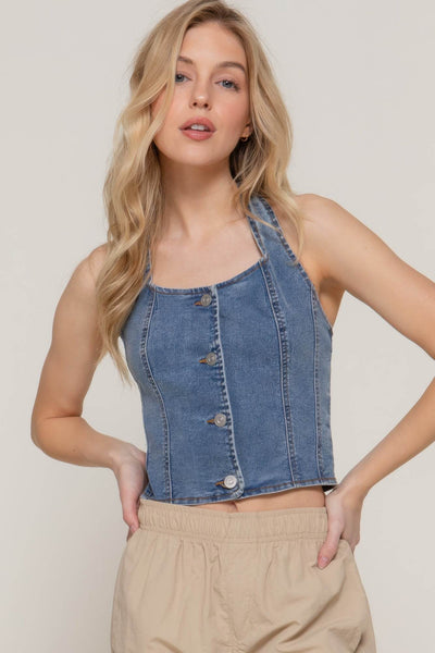 Button Down Stretch Denim Halter Top - Ebony's Shopping