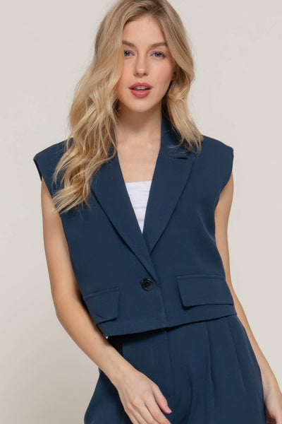Lapel Collar W/shoulder Pads Vest - Ebony's Shopping
