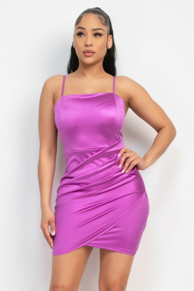 Overlapping Hem Shirred Satin Dress - Ebony's Shopping