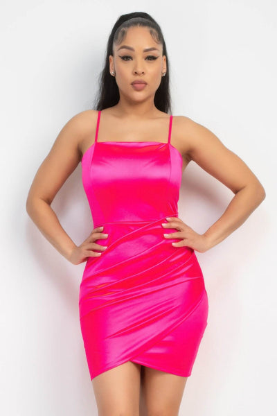 Overlapping Hem Shirred Satin Dress - Ebony's Shopping