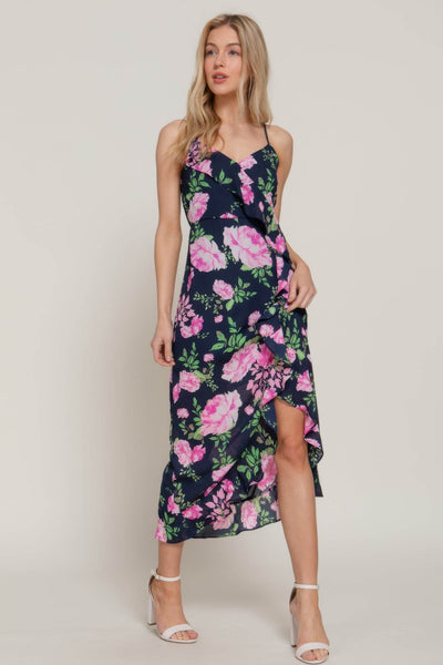 Floral Print Ruffle Slip Midi Dress - Ebony's Shopping