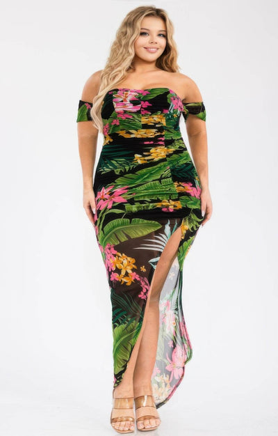 Plus Tropical Off Shoulder Draped Slv Maxi Dress - Ebony's Shopping