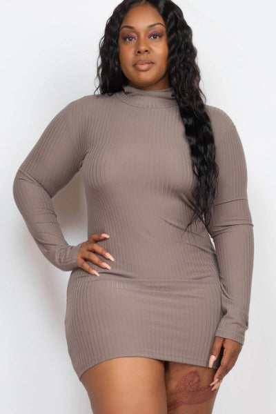 Plus Size Ribbed Long Sleeve Mock Neck Mini Bodycon Dress - Ebony's Shopping