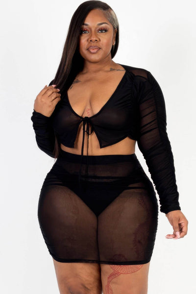 Plus Size Sheer Mesh Tie Front Crop Top & Ruched Side Mini Dress - Ebony's Shopping