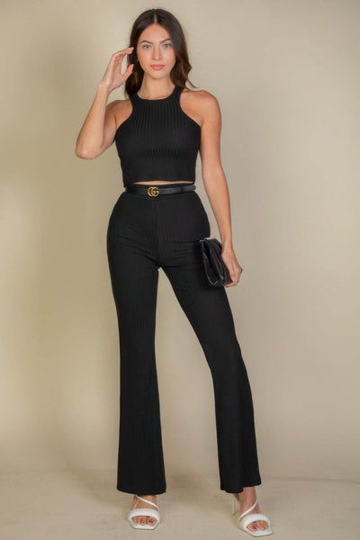 Ribbed Cropped Top And Bootcut Pants Sets - Ebony's Shopping