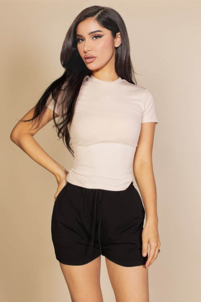 Ribbed Round Neck Short Sleeve Top - Ebony's Shopping