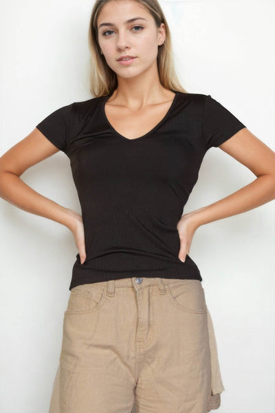Ribbed V-neck Short Sleeve Top - Ebony's Shopping
