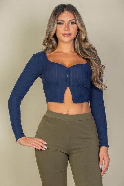 Ribbed Button Front Split Long Sleeve Top - Ebony's Shopping