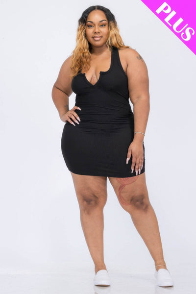 Plus Size Ribbed Split Neck Tank Mini Dress - Ebony's Shopping