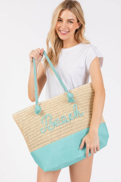 Color Sewn Rope Beach Letter And Strap Crochet Fabric Tote - Ebony's Shopping