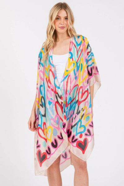 Multi Colored Heart Print Silky Feel Kimono - Ebony's Shopping