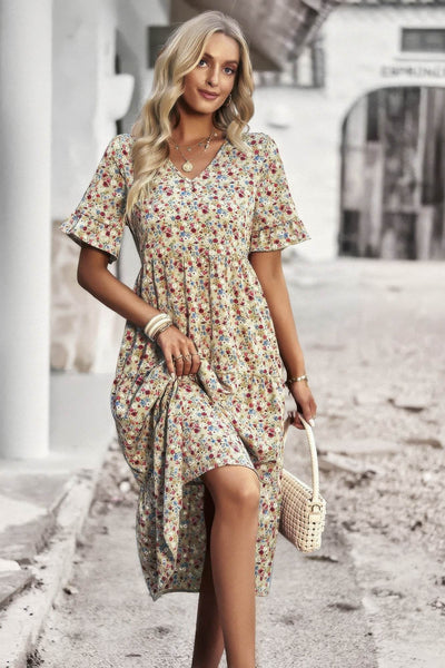 Boho Floral Ruffle Hem V Neck Short Sleeve Dress - Ebony's Shopping