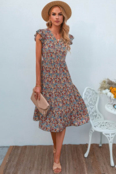 Boho Floral V Neck Ruffle Sleeve A Line Midi Dress - Ebony's Shopping