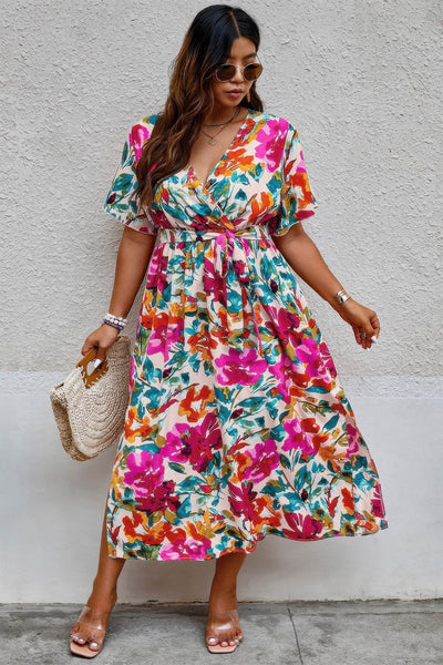 Plus Size Floral Print Cross Belt Fit Dress - Ebony's Shopping