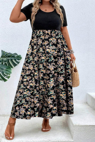 Plus Floral Print Elastic Fit High Waist Dress - Ebony's Shopping