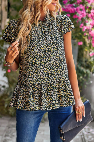 Ruffle Frill Trim Mock Neck Short Sleeve Shirt - Ebony's Shopping