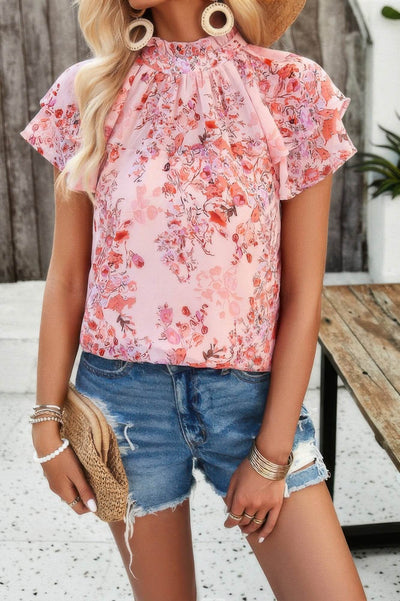 Floral Printed Mock Neck Ruffle Sleeve Loose Blouse - Ebony's Shopping