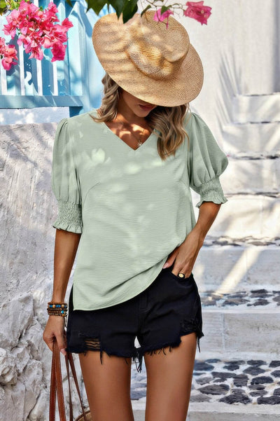 Solid Chiffon V Neck Smock Sleeve Blouse - Ebony's Shopping