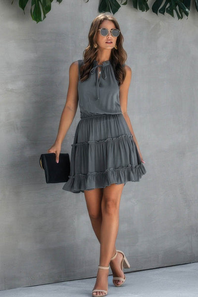 Sleeveless Tie Neck Frill Trim Tiered Layer Dress - Ebony's Shopping