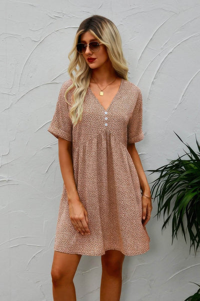 Button V Neck Short Sleeve Tunic Short Dress - Ebony's Shopping