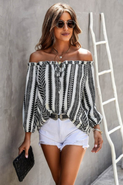 Printed Off Shoulder Frilled Tie Lantern Sleeve Shirt - Ebony's Shopping