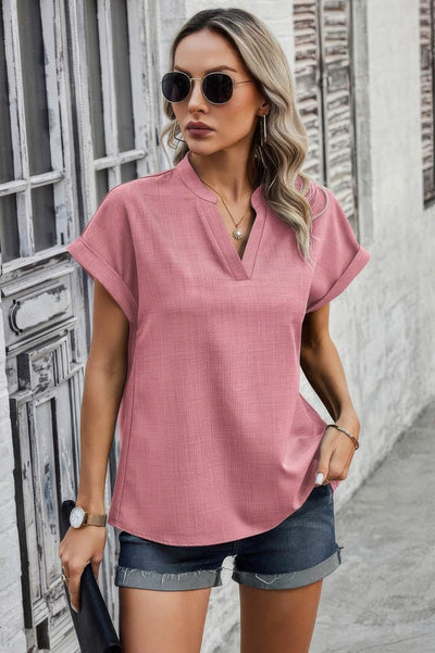 V Neck Solid Short Bat Sleeve Loose Fit Blouse - Ebony's Shopping