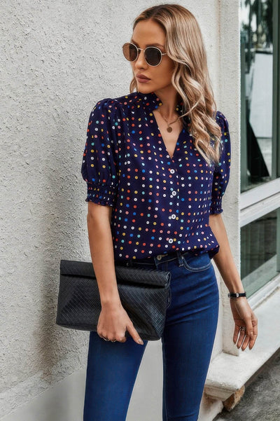 Polka Dot Print Puff Sleeve Loose Shirt - Ebony's Shopping