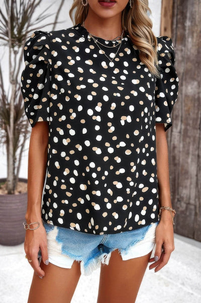 Puff Sleeves Allover Print Knot Loose Fit Top - Ebony's Shopping