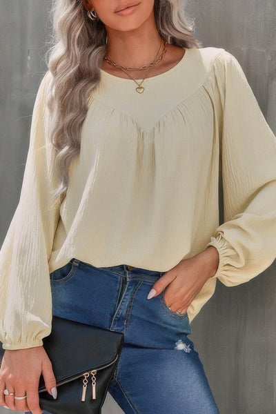 Crew Neck Solid Long Lantern Sleeve Shirt - Ebony's Shopping