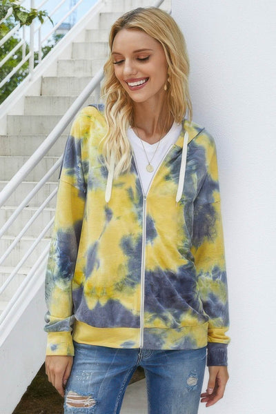 Tie Dye Full Zip Drawstring Hoodie - Ebony's Shopping