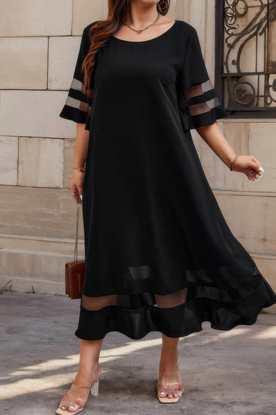 Plus Size Mesh Splicing Round Neck Long Dress - Ebony's Shopping