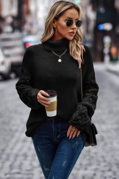 Solid Knit Long Sleeve Turtleneck Loose Sweater - Ebony's Shopping