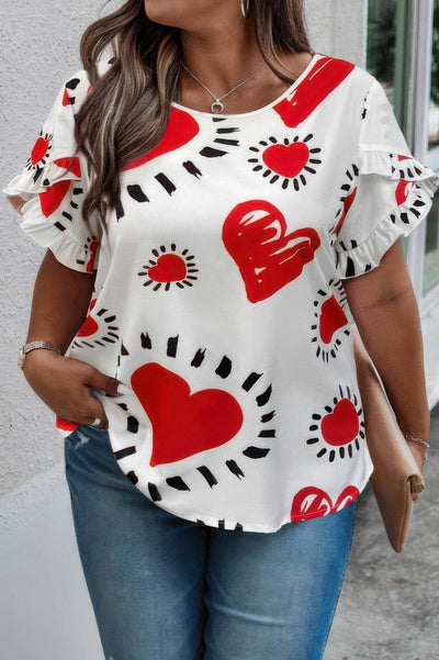 Plus Size Heart Print Ruffle Hem Sleeve Shirt - Ebony's Shopping