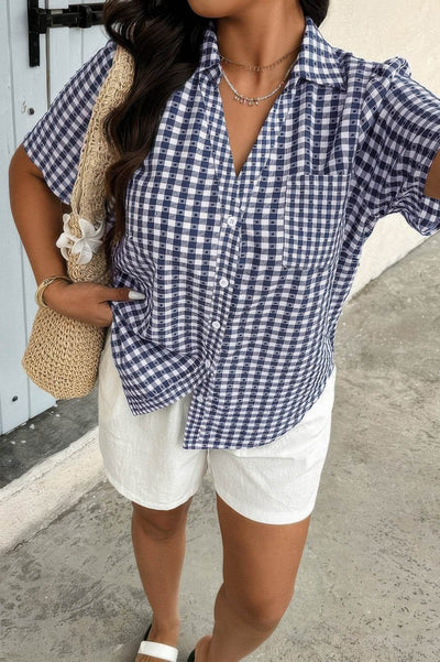 Plus Size Plaid Pocket Short Sleeve Loose Blouse - Ebony's Shopping