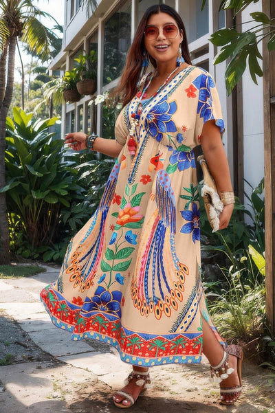 Plus Deep V Neck Allover Print High Waist Dress - Ebony's Shopping