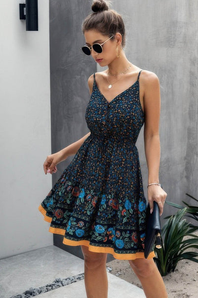 V Neck Floral Printed Mini Dress - Ebony's Shopping