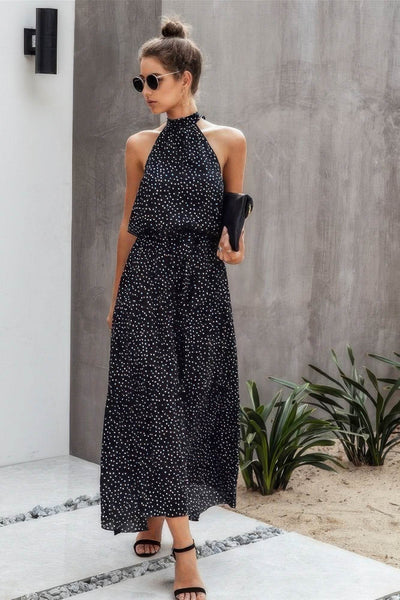 Halter Neck Polka Dot Swing Dress - Ebony's Shopping