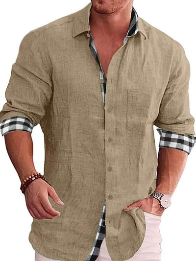 Men's Full Size Casual Linen Plaid-Trim Button Down Shirt Plus Size - Ebony's Shopping