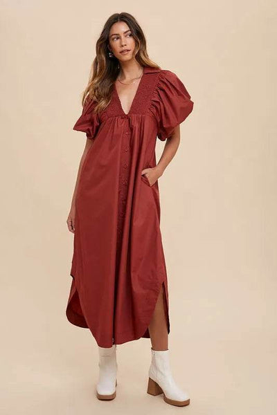 Annie Wear Smocked Puff Sleeve Midi Dress - Ebony's Shopping
