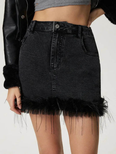 Plush Hem Mini Denim Skirt - Ebony's Shopping