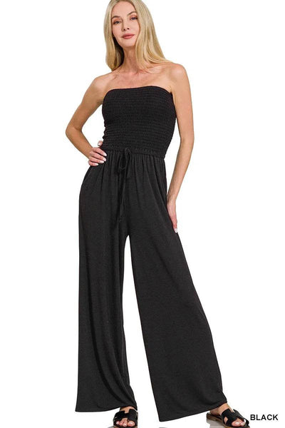 Zenana Strapless Wide Leg Smocked Jumpsuit - Ebony's Shopping