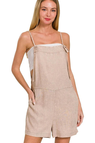 Zenana Washed Linen Knot Strap Rompers - Ebony's Shopping