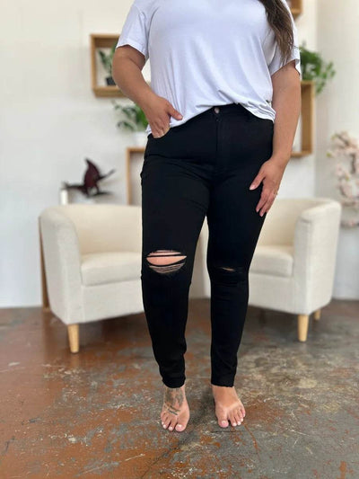 Judy Blue Full Size Distressed Tummy Control High Waist Skinny Jeans - Ebony's Shopping
