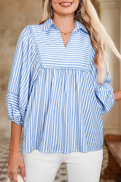 Striped Notched 3/4 Sleeve Blouse - Ebony's Shopping