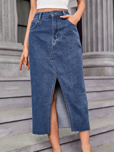 Slit Midi Denim Skirt with Pockets - Ebony's Shopping