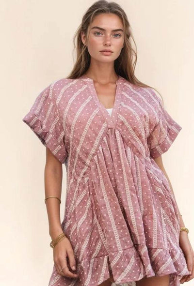 Davi & Dani Embroidery V Neck Short Sleeve Ruffled Mini Dress - Ebony's Shopping