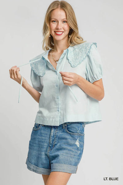Umgee Tied Collared Short Sleeve Button Down Shirt - Ebony's Shopping