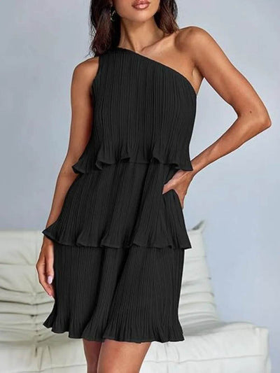 Layered Single Shoulder Mini Dress - Ebony's Shopping