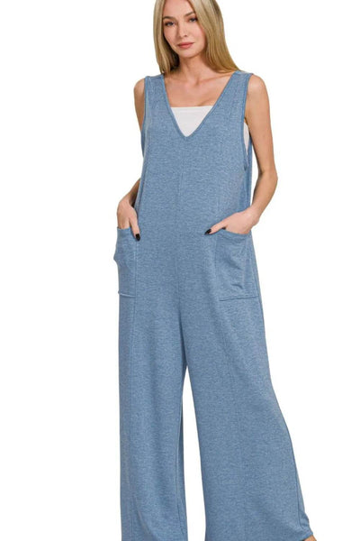 Zenana French Terry Deep V Neck Jumpsuits - Ebony's Shopping
